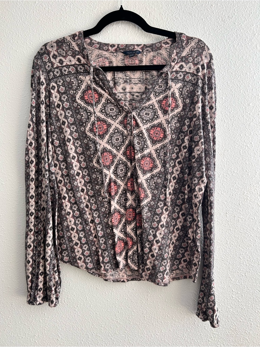 Lucky Brand Printed Long-Sleeve V-Neck Top - Pink & Gray